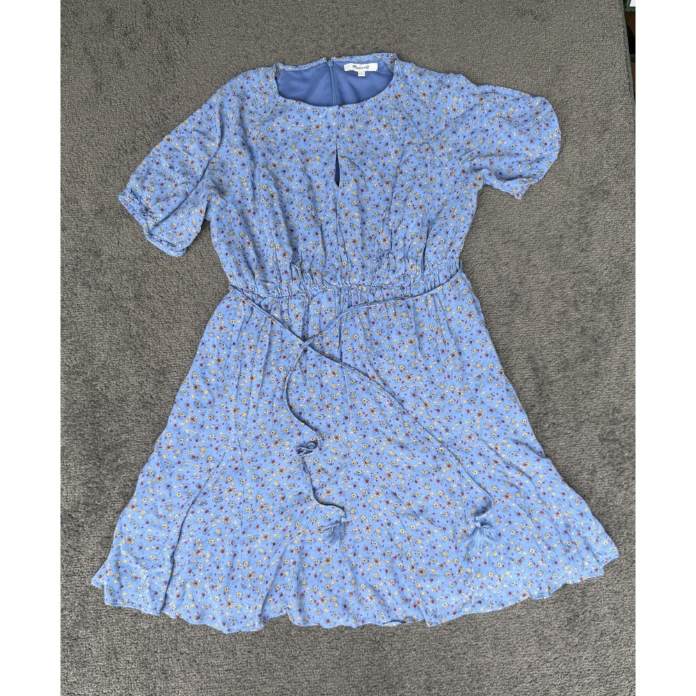 Madewell Blue Floral Mini Dress Short Puff Sleeve Tassel Tie Size 4
